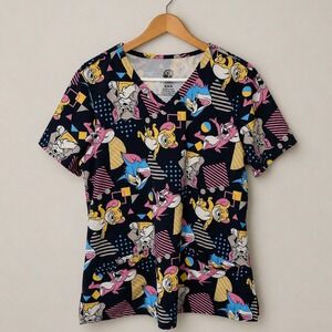 Tom and Jerry Licensed Retro 80s V-Neck Scrub Top Women's M Black Cartoon Print